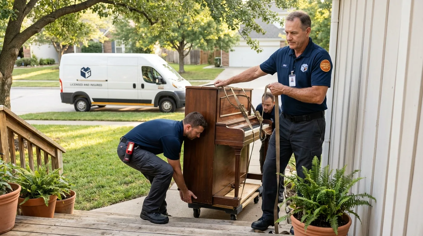 Licensed piano movers securing grand piano in Rutland, VT