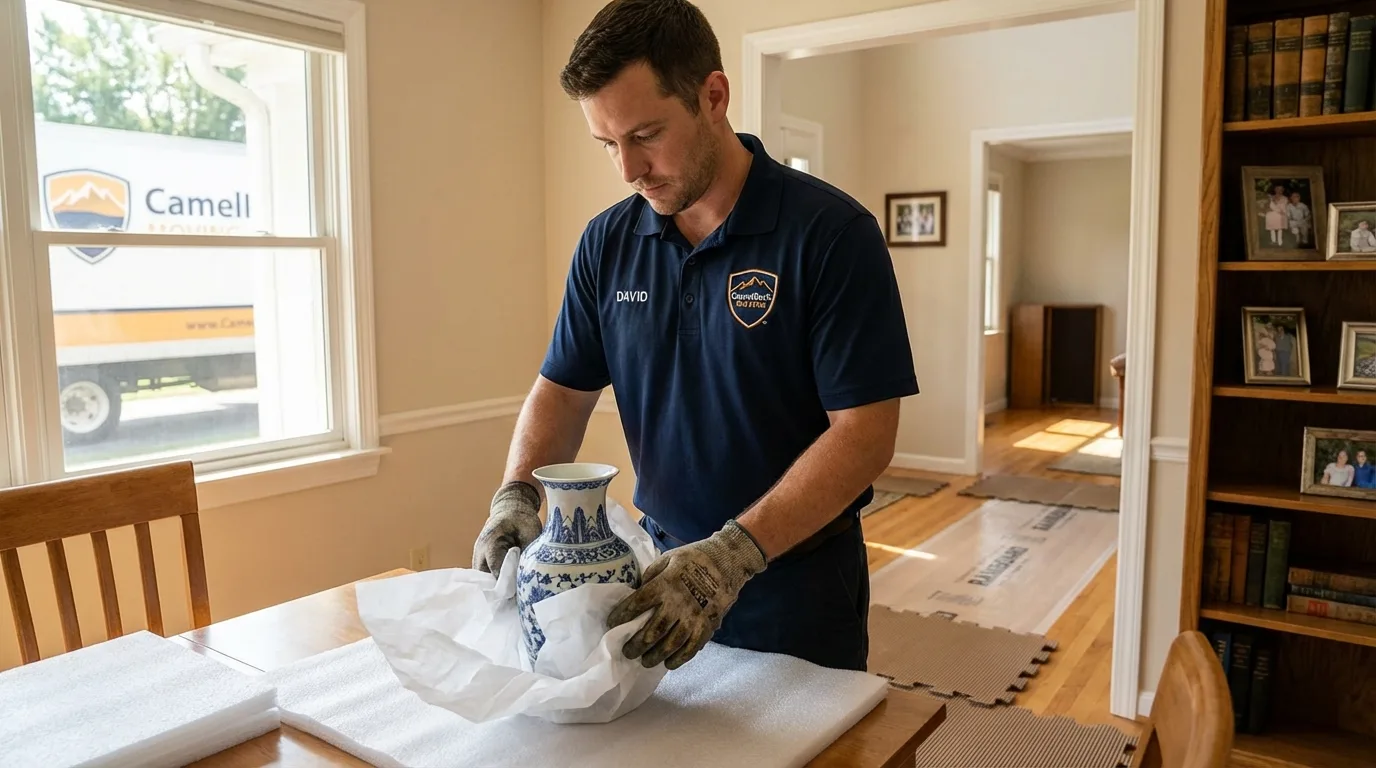 Professional crew carefully wrapping antique vase for senior downsizing move in Rutland, VT
