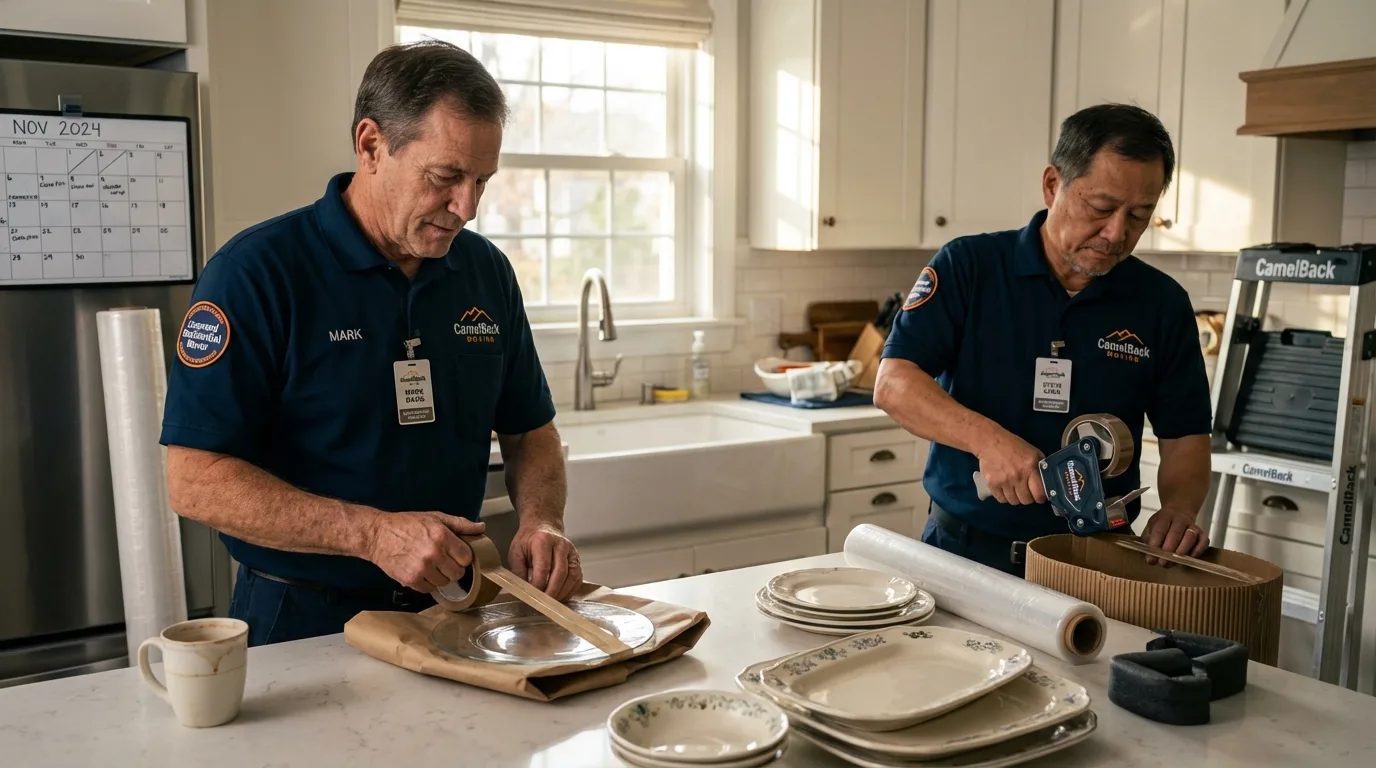 Professional crew packing kitchen dishware in Rutland, VT
